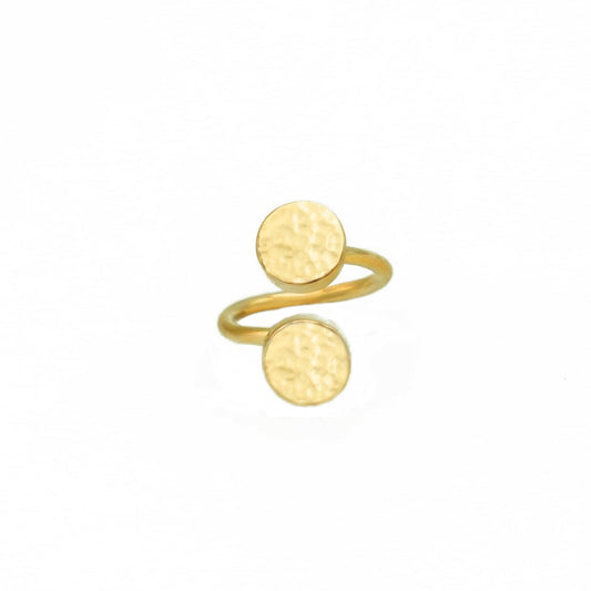 Gold spiral ring with round ends on a white background