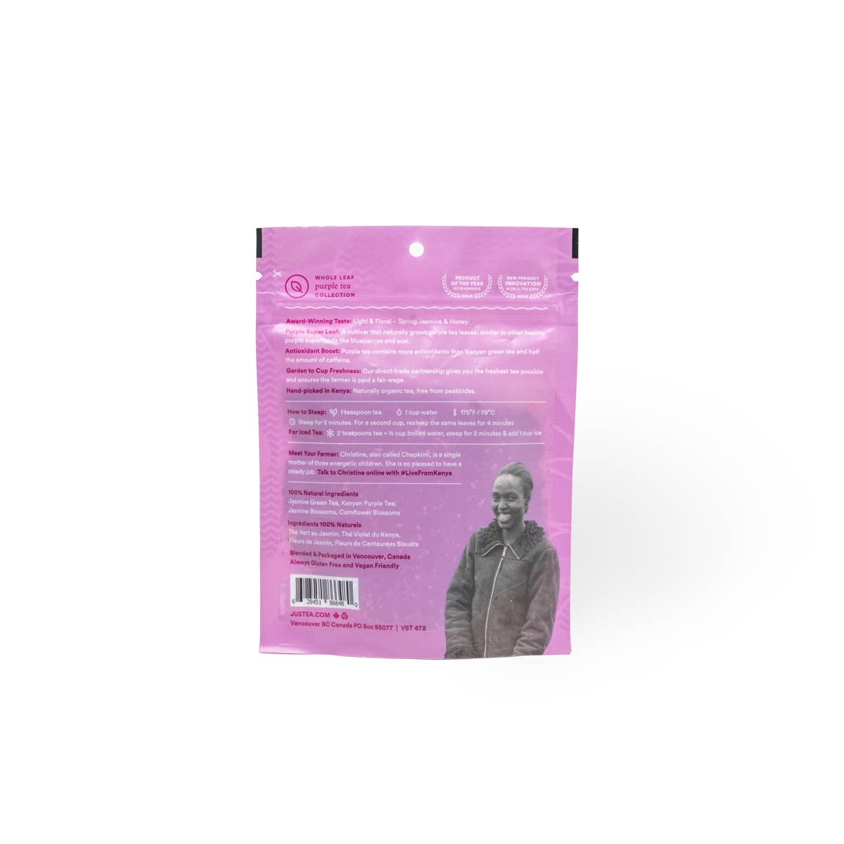 Purple package with text and a person's face on a white background
