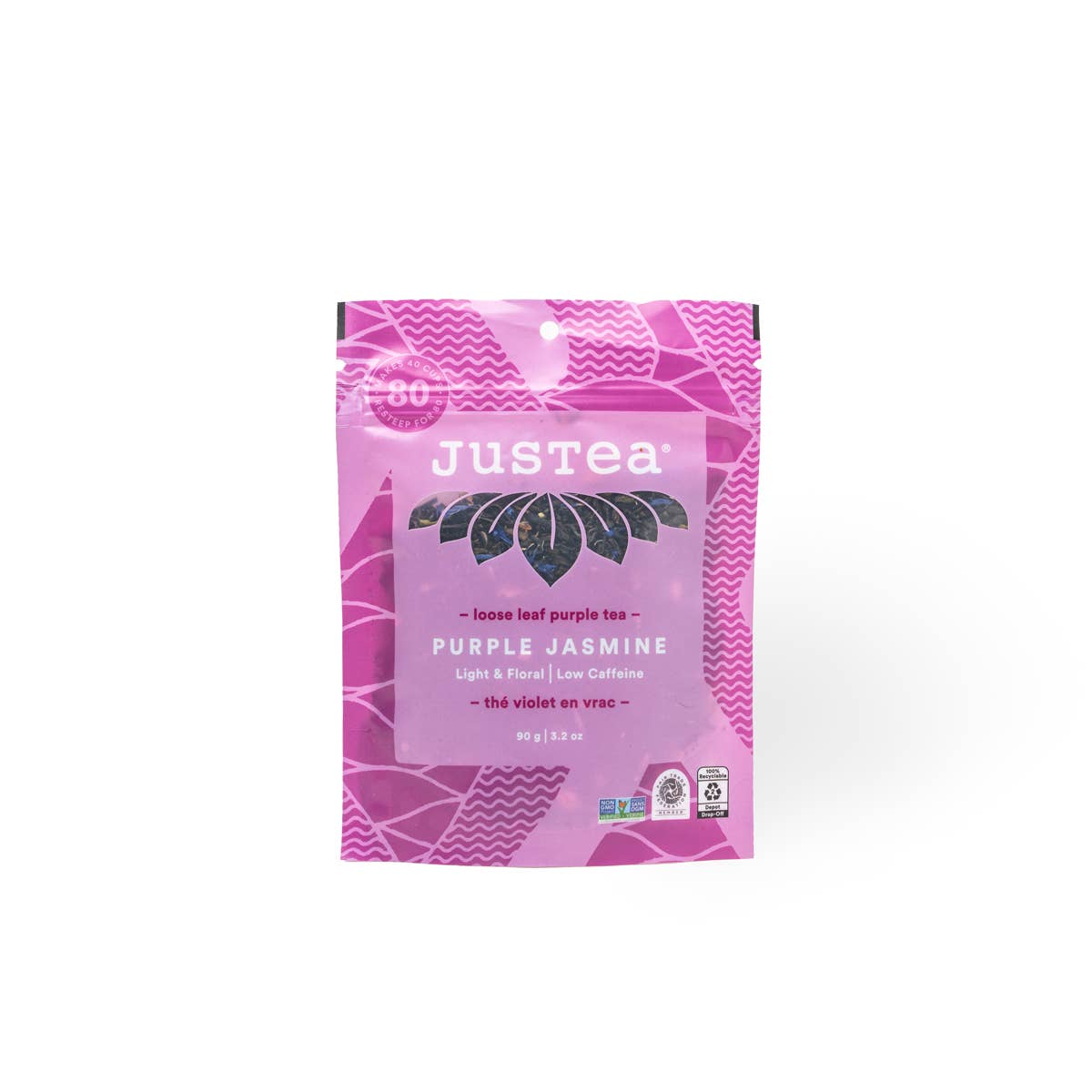 Justea Purple Jasmine tea package on a white background