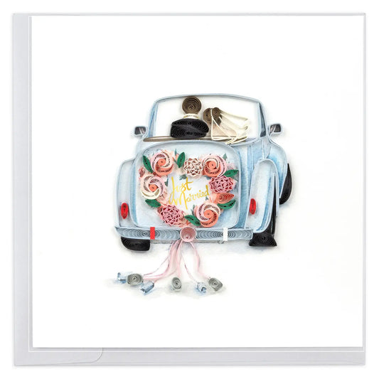 Card with a vintage car design featuring flowers and 'Just Married' text on a white background