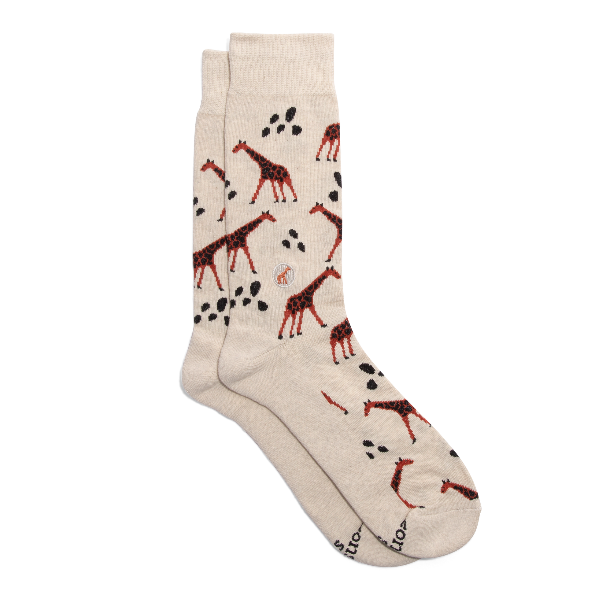 Beige sock with giraffe pattern on a white background