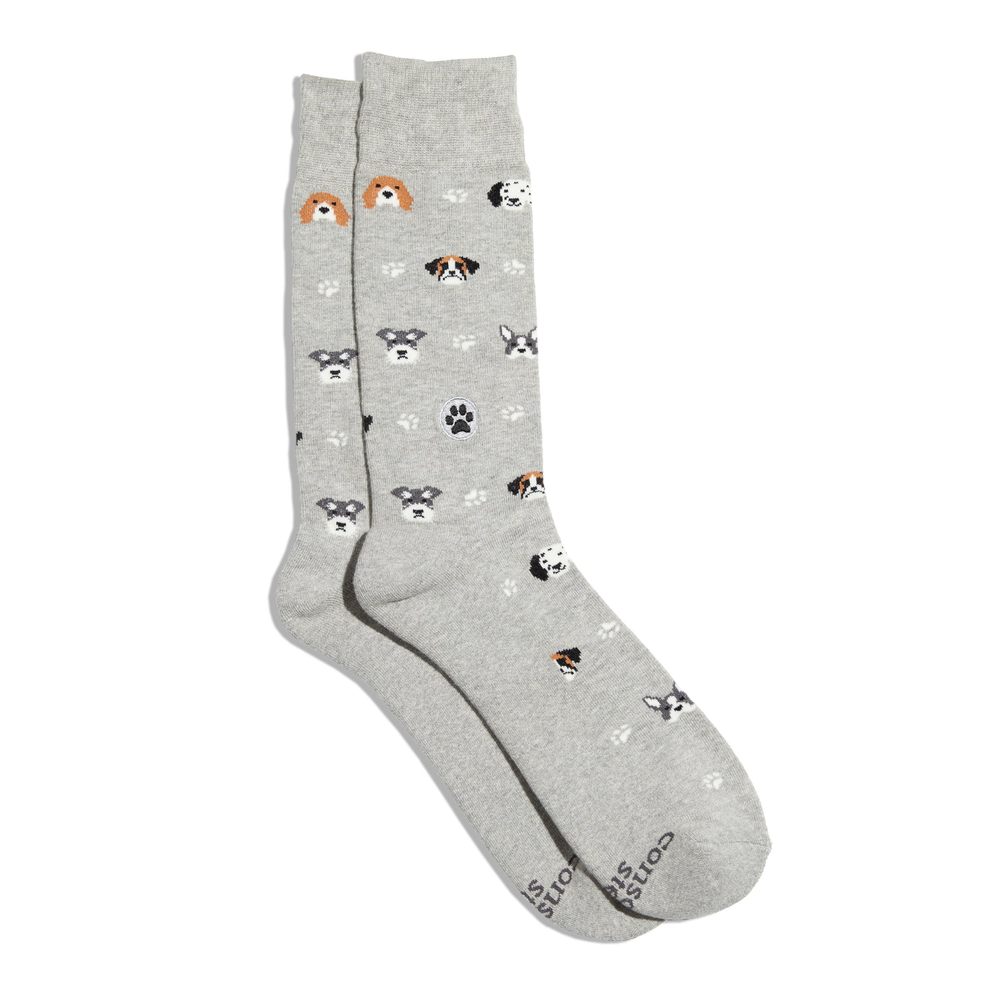 Gray socks with dog patterns on a white background