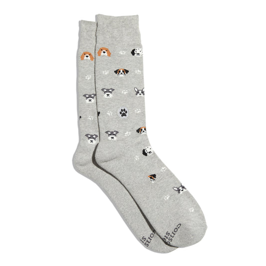 Gray socks with dog patterns on a white background