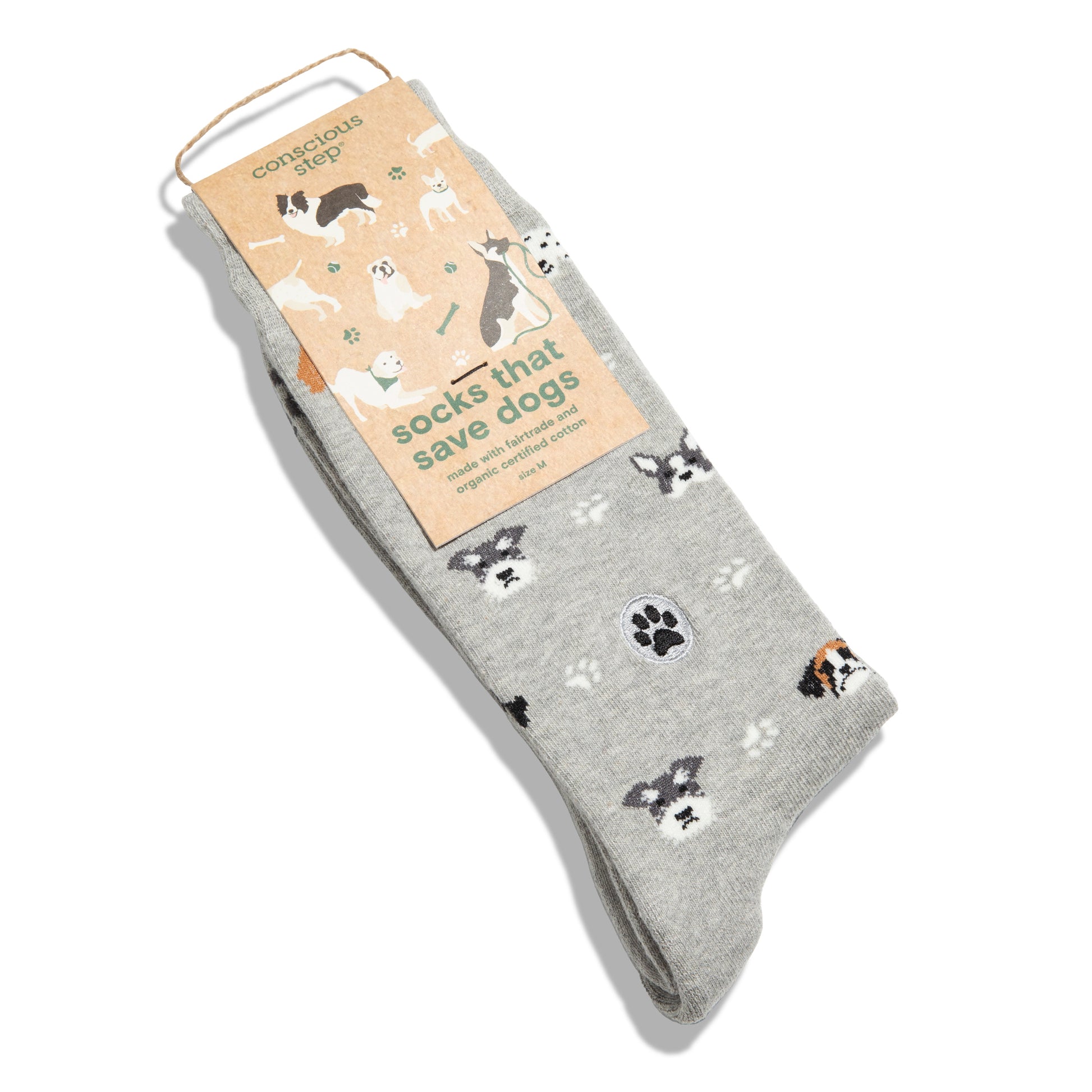 Gray socks with dog illustrations and packaging on a white background