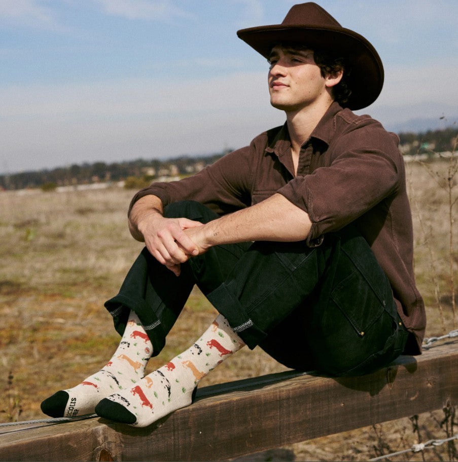 Man wearing a cowboy hat and brown shirt sitting on a wooden fence in an open field.