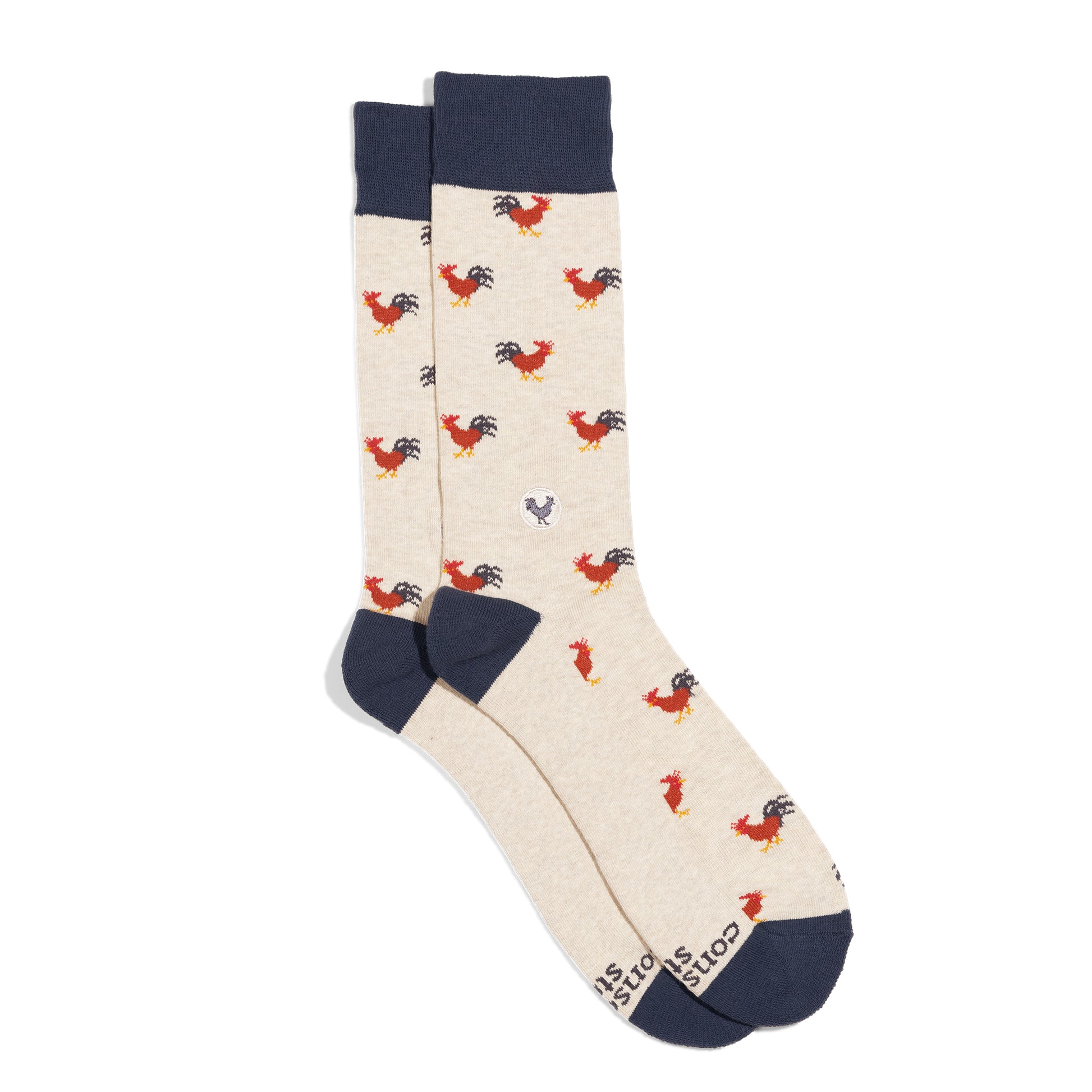 Pair of socks with rooster pattern on a white background
