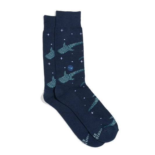 Navy blue sock with whale shark pattern on a white background