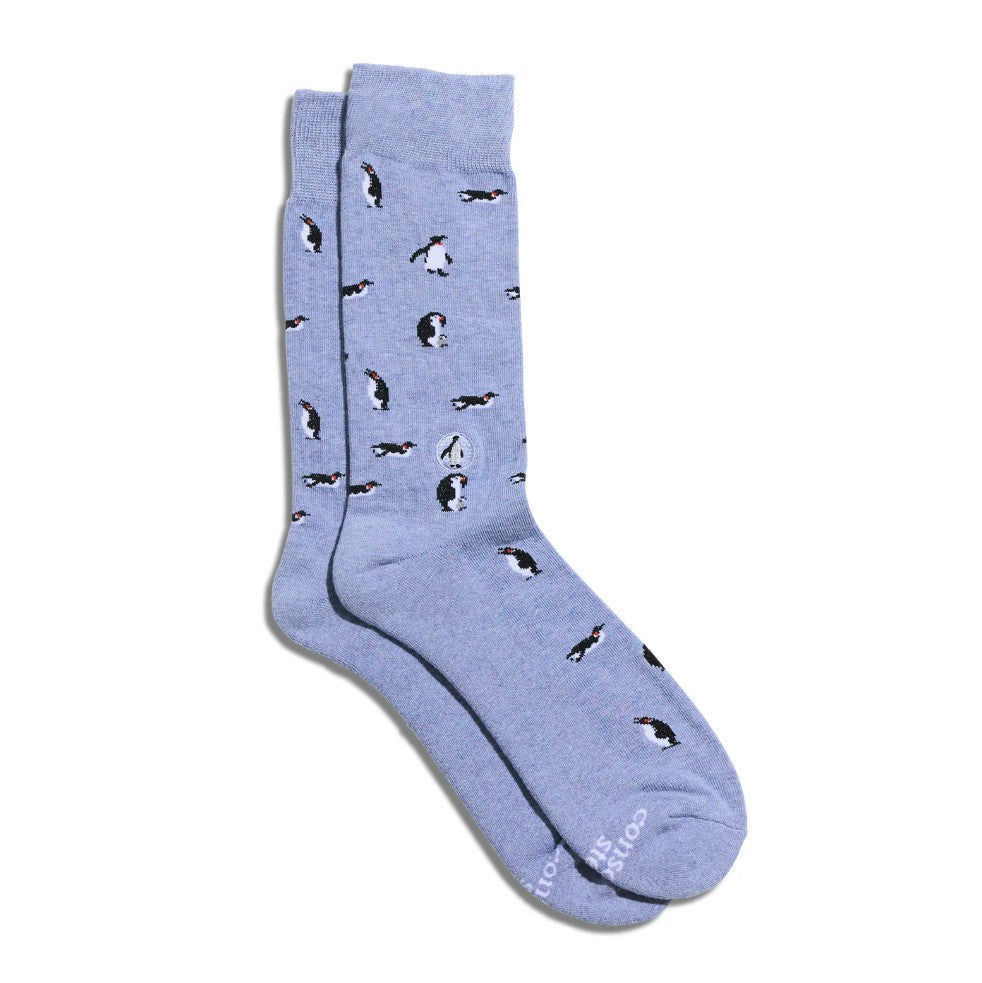 Light blue socks with penguin pattern on a white background