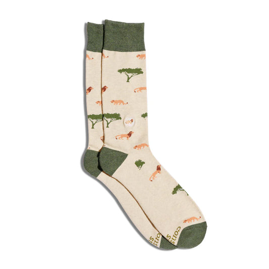 Socks with a lions in a nature-themed design on a white background