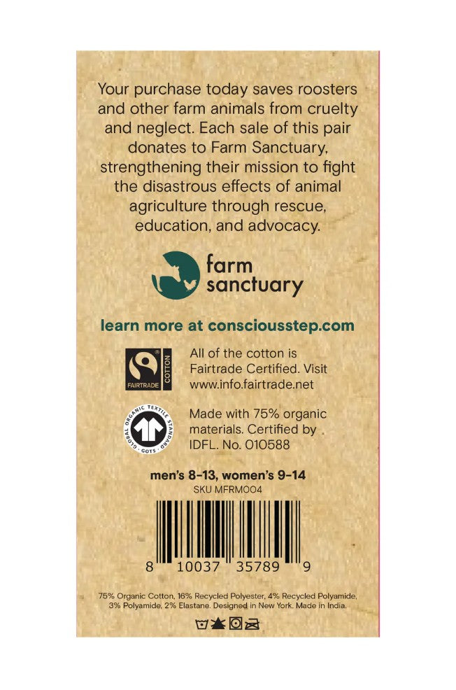 Back label of a product with text about supporting Farm Sanctuary and Fair Trade certification.