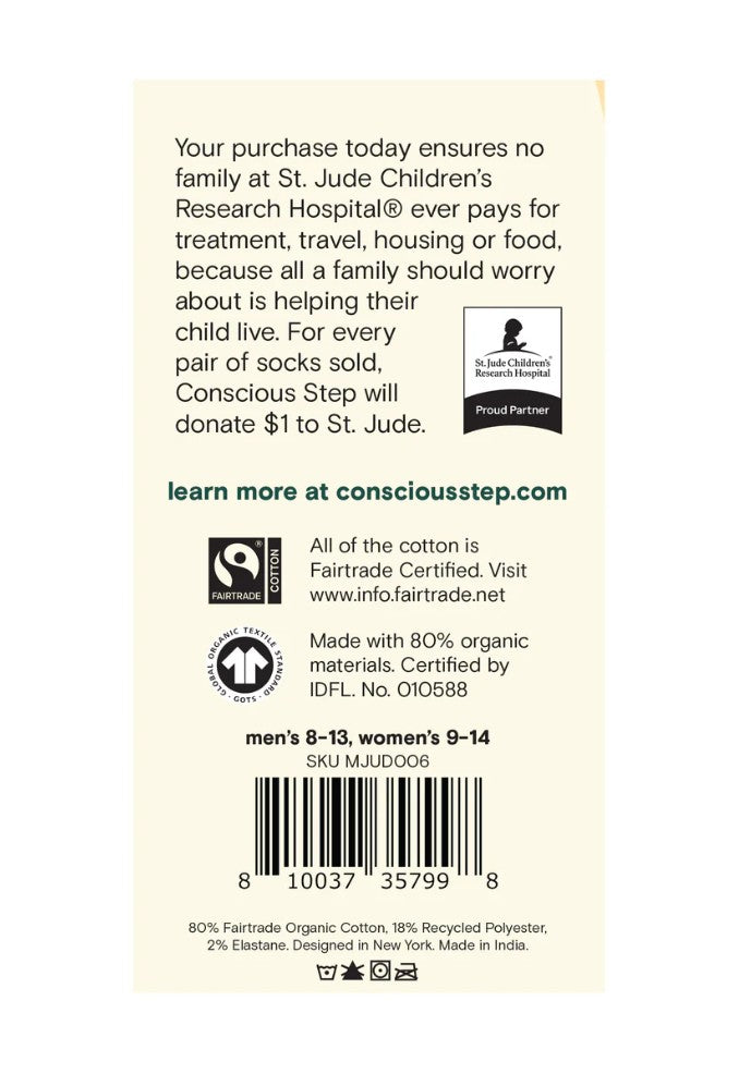 Back of a sock packaging with charitable donation information to St. Jude Children's Research Hospital.