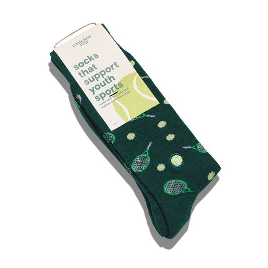 Green sock with tennis racket design and a visible label on a white background