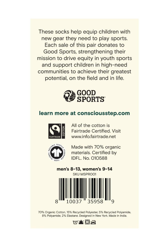 Back of socks with branding and information text on a white background