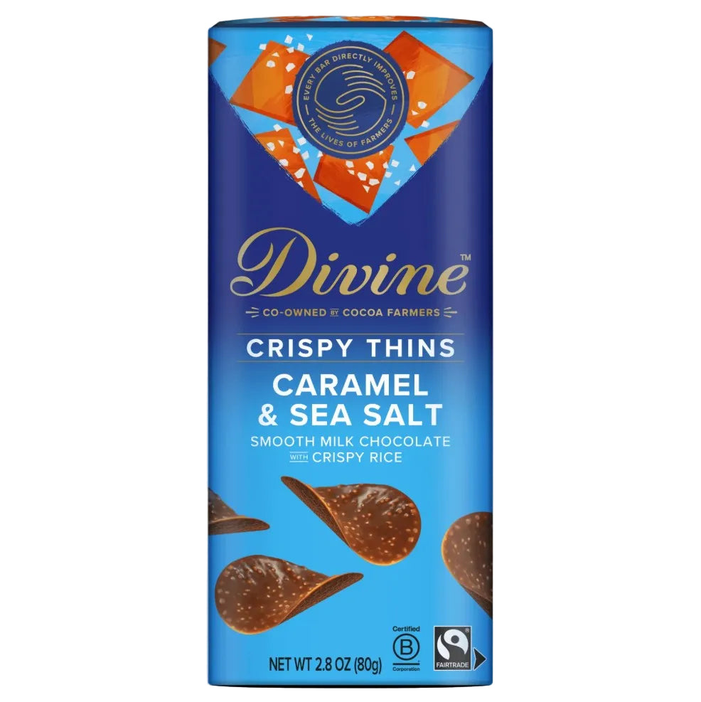 Box of Divine Crispy Thins Caramel & Sea Salt chocolate on a light gray background