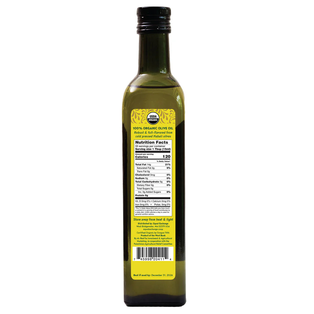 Bottle of Equal Exchange organic olive oil with a nutritional label on a white background