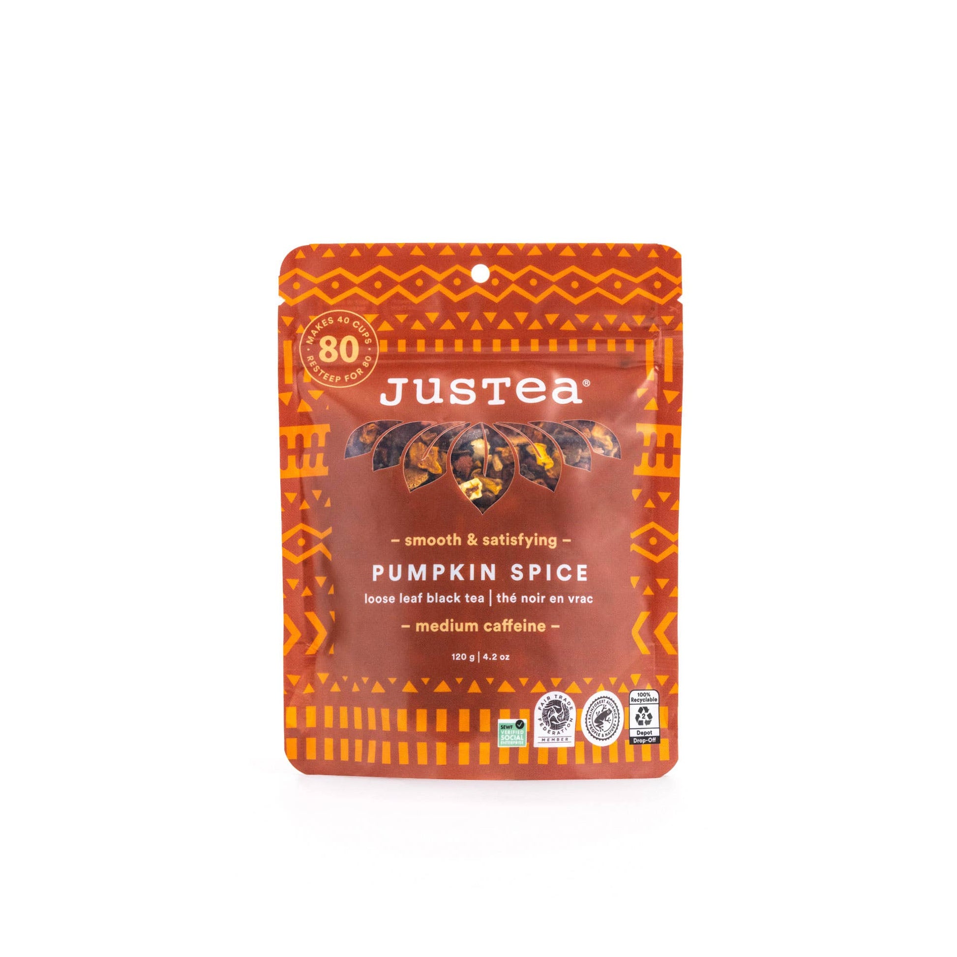 Justea Pumpkin Spice tea package on a white background