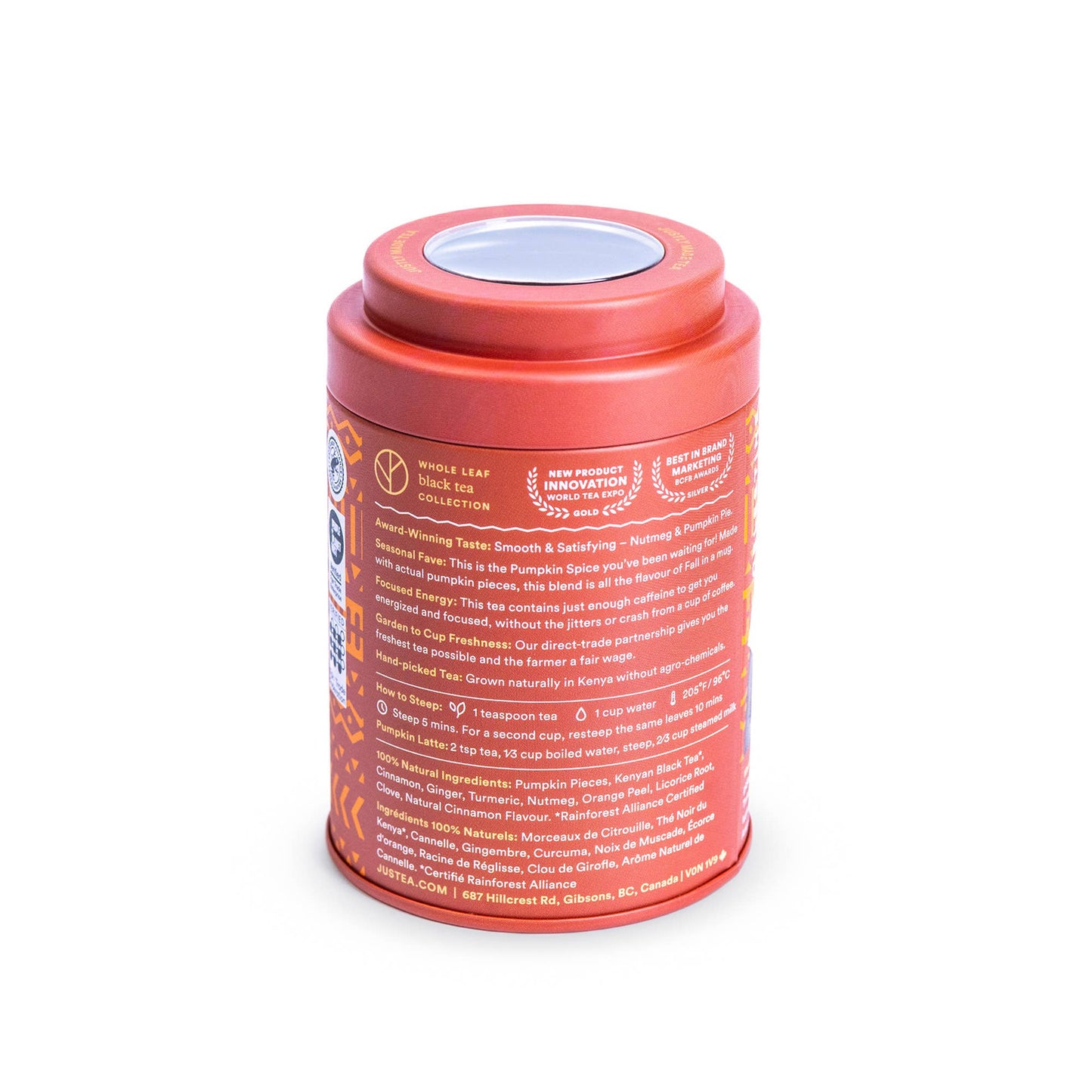 Red cylindrical container with text on a white background