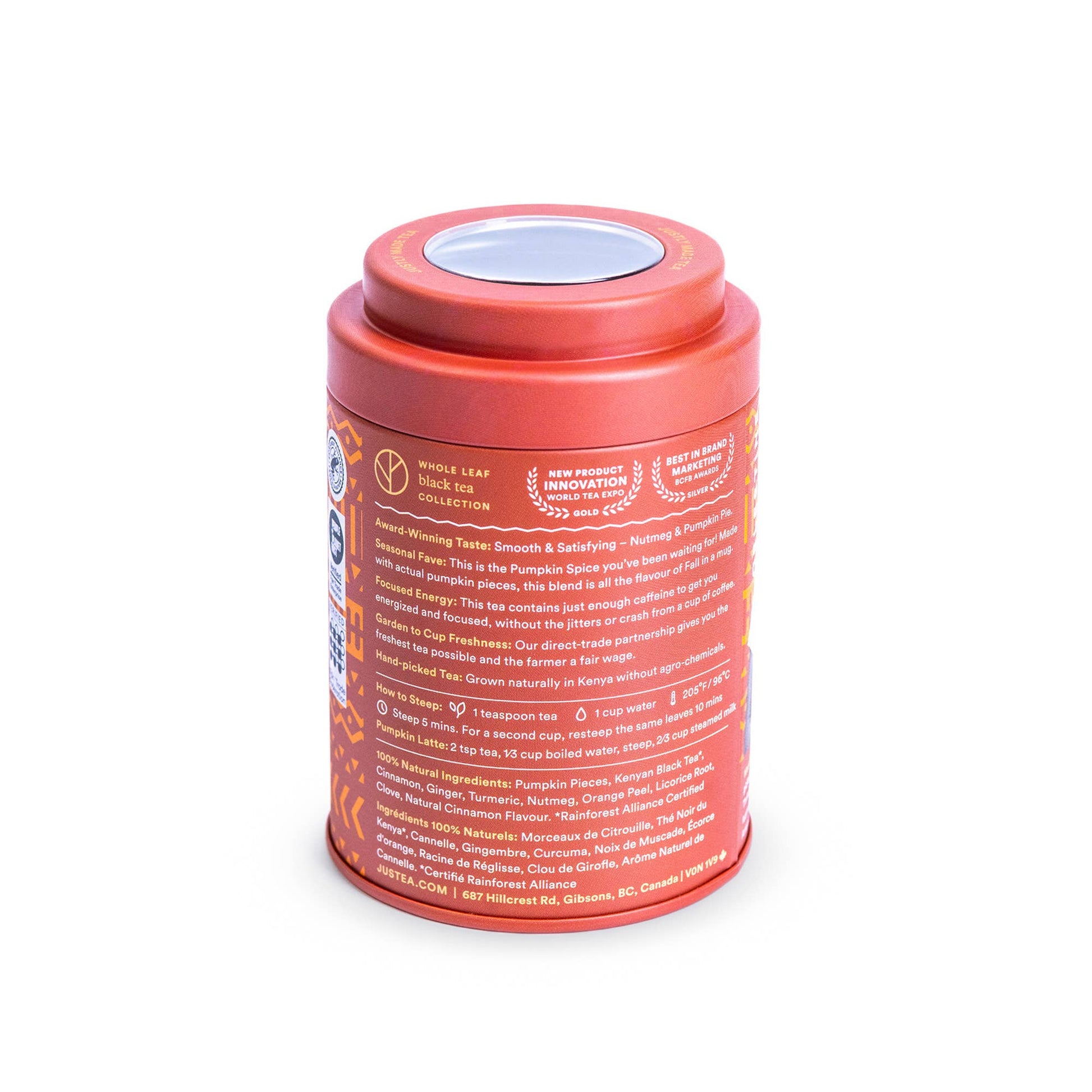 Red cylindrical container with text on a white background