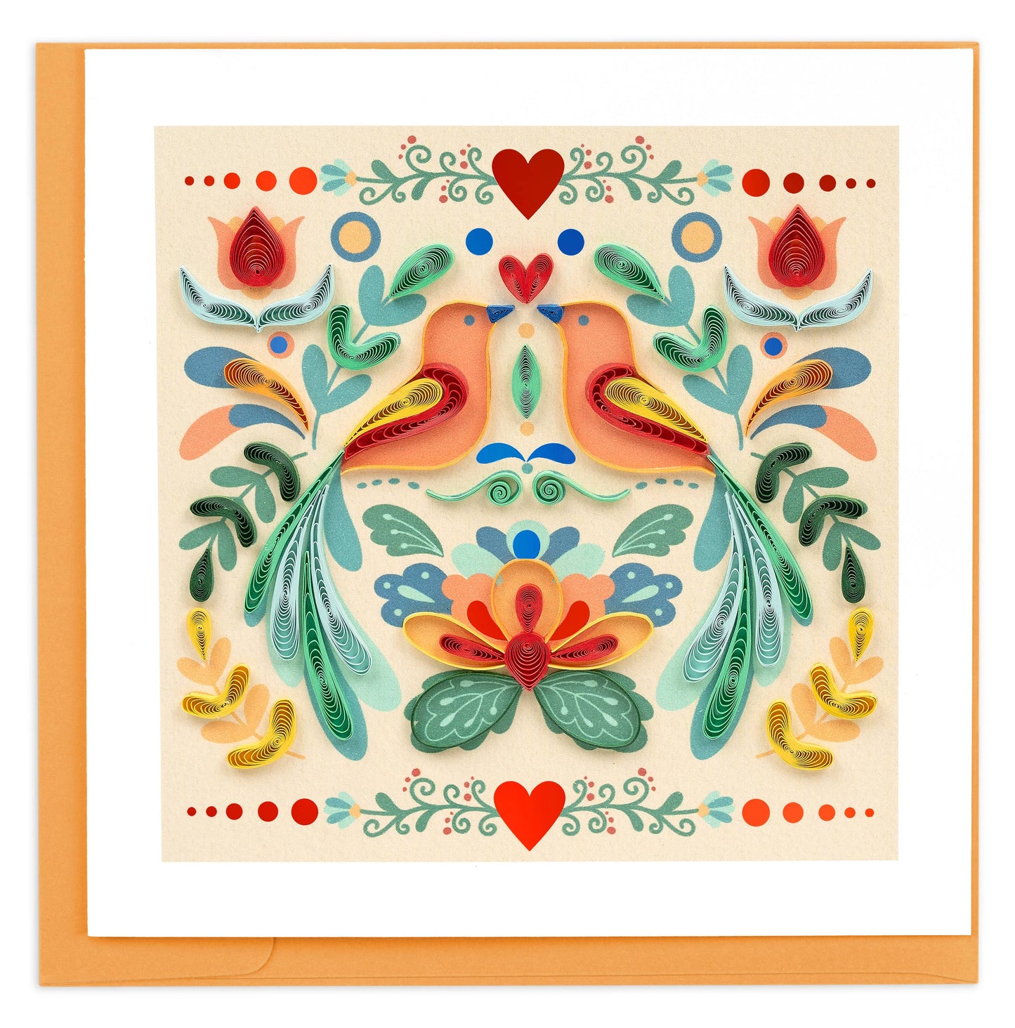 Two orange birds sit facing each other in this symmetrical Scandinavian inspired card.