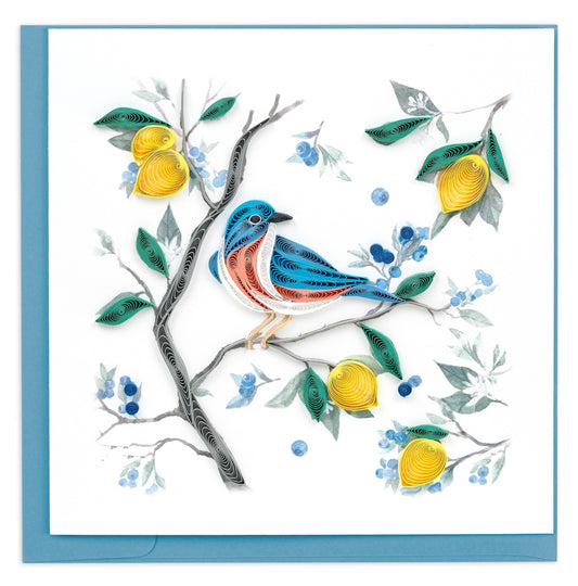 A blue and white bird sits on a branch surrounded by small lemons and blueberries.