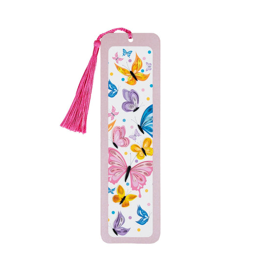 Pink, blue, yellow and purple quilled butterflies decorate this light pink bookmark.