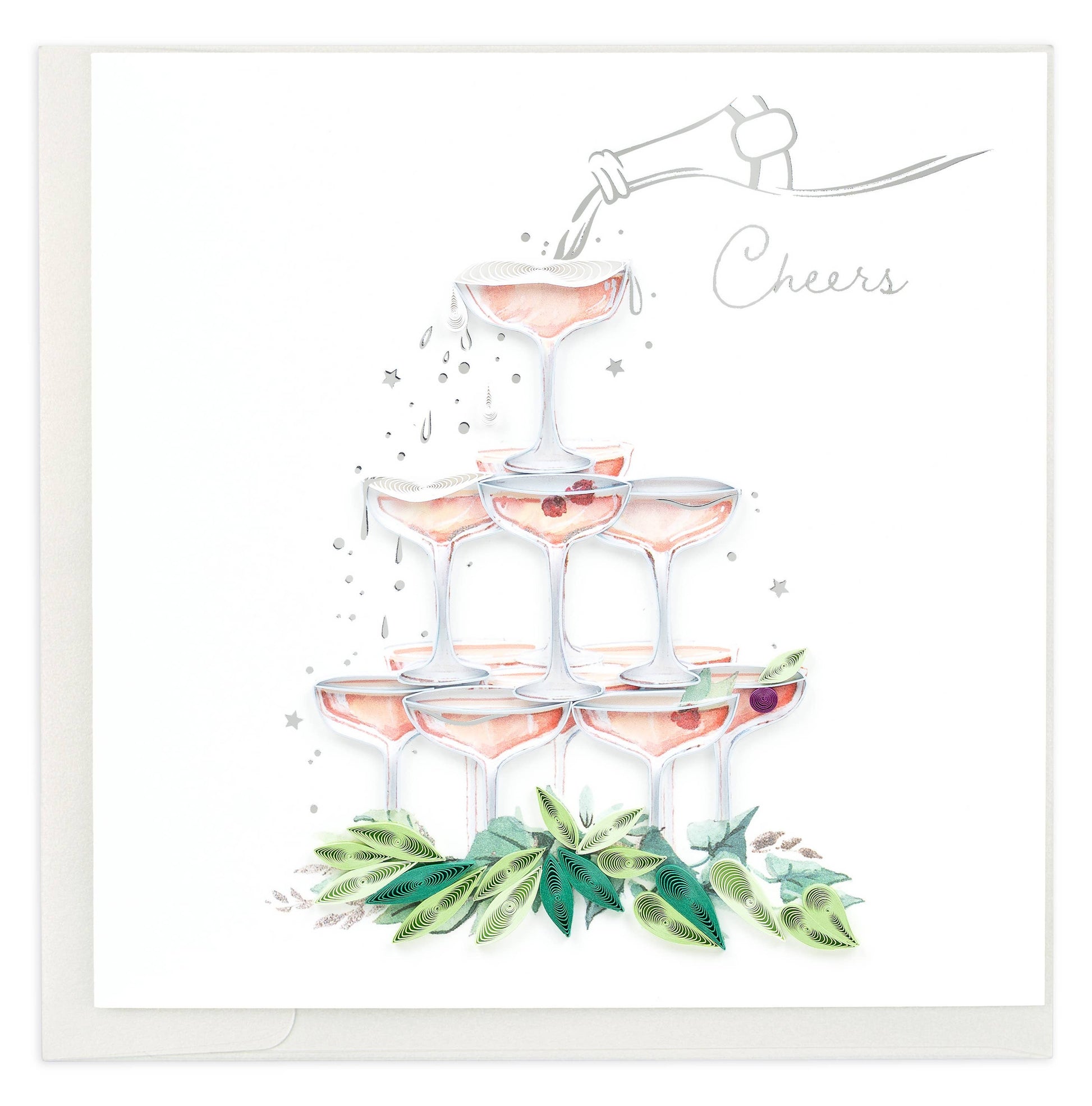 A tower of champagne coupe glasses is overflowing with pink champagne in this congratulations card.