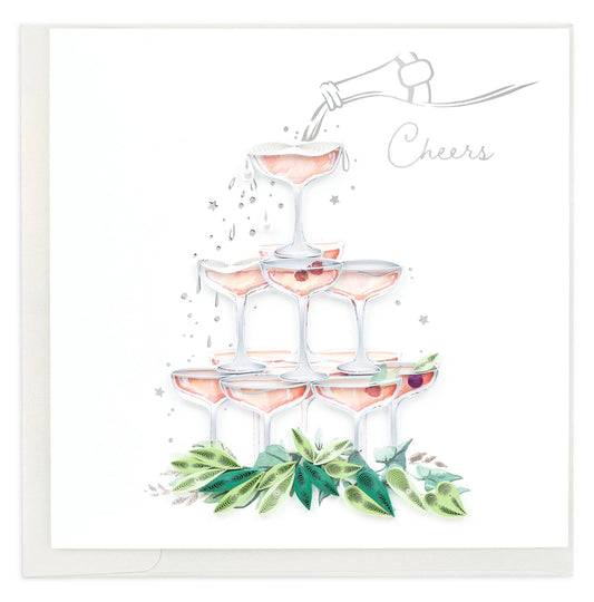 A tower of champagne coupe glasses is overflowing with pink champagne in this congratulations card.