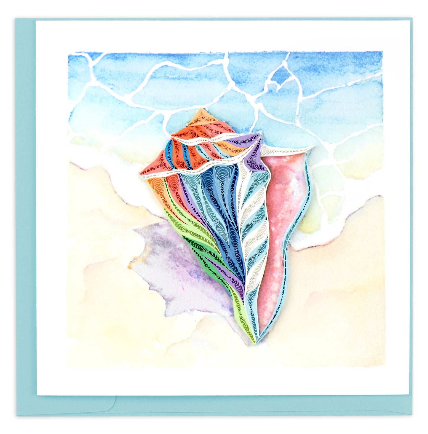 Colorful rolled paper strips are arranged into the shape of a conch shell.