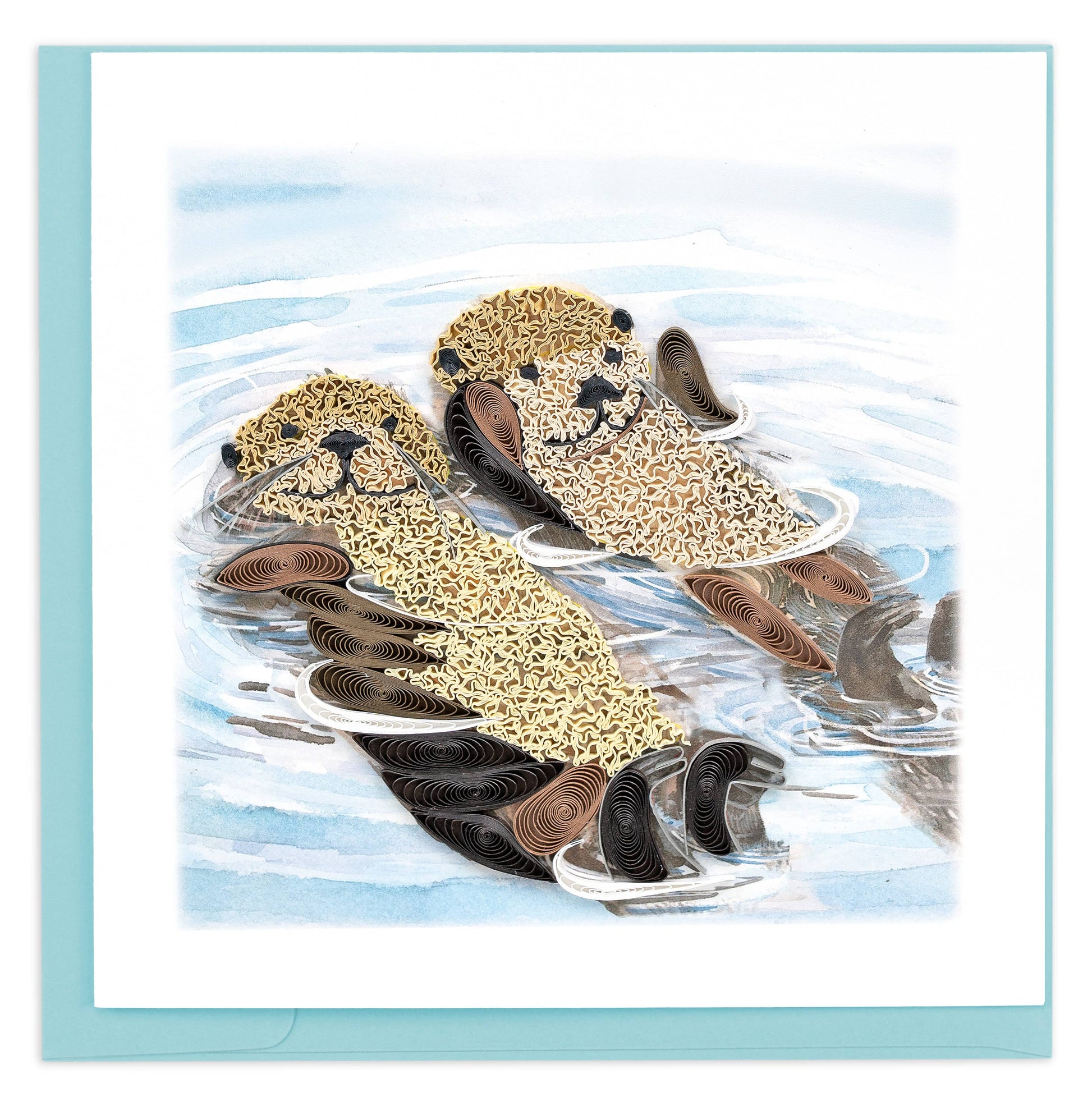 Two otters float next two each other in water in this quilled card design.