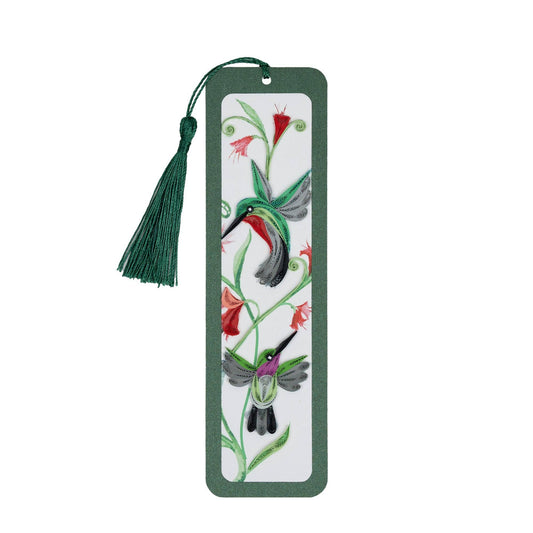 Two green hummingbirds made of quilled paper hover among small red flowers on this bookmark design.