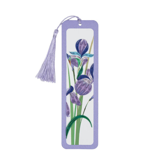 Quilled purple irises decorate a purple bookmark with a purple tassel.
