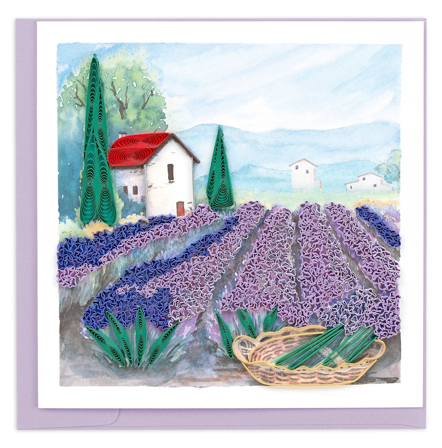 A white house with a red roof sits next to a very purple lavender field.