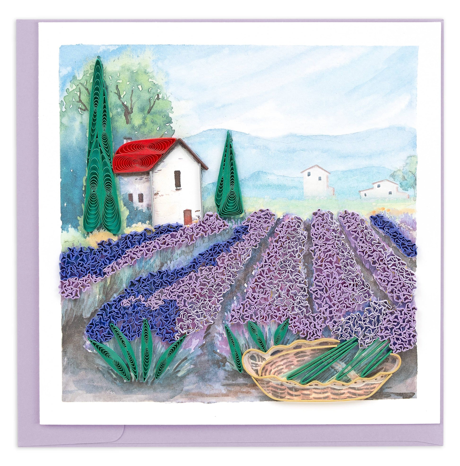 A white house with a red roof sits next to a very purple lavender field.
