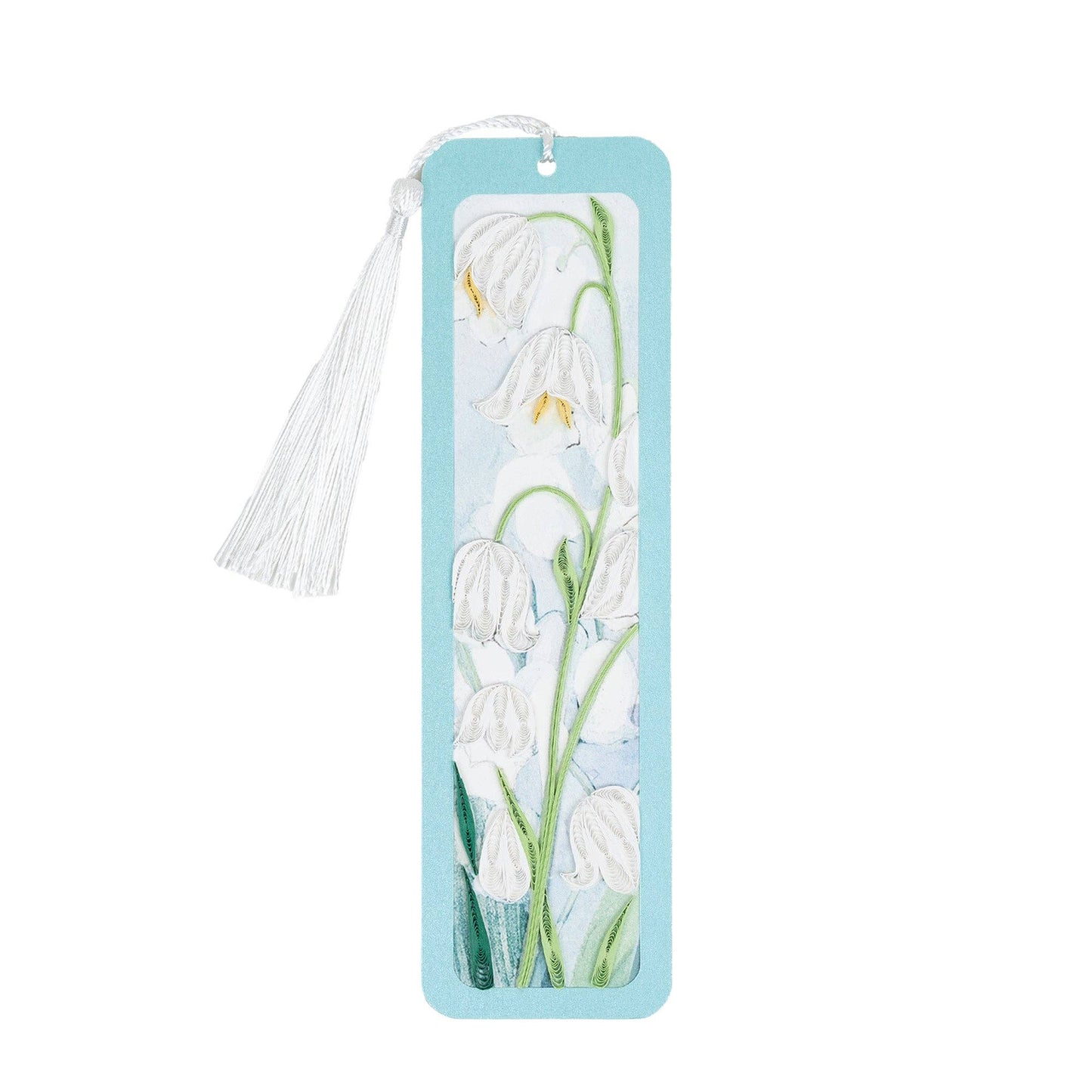 White flowers adorn this narrow light blue bookmark.