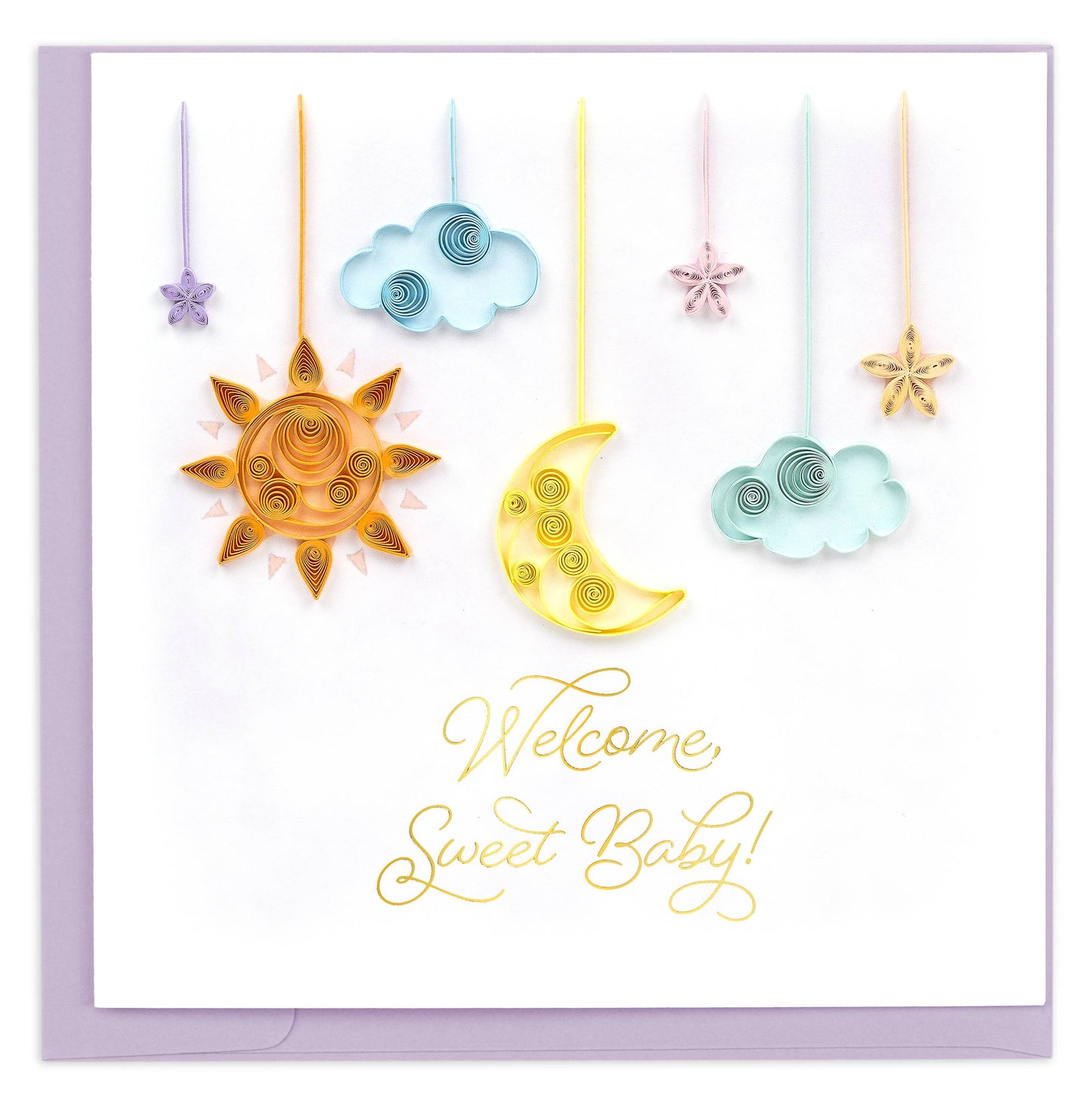 A moon, sun, clouds, and stars appear to be hanging from the sky on strings. Printed message reads "Welcome Sweet Baby"