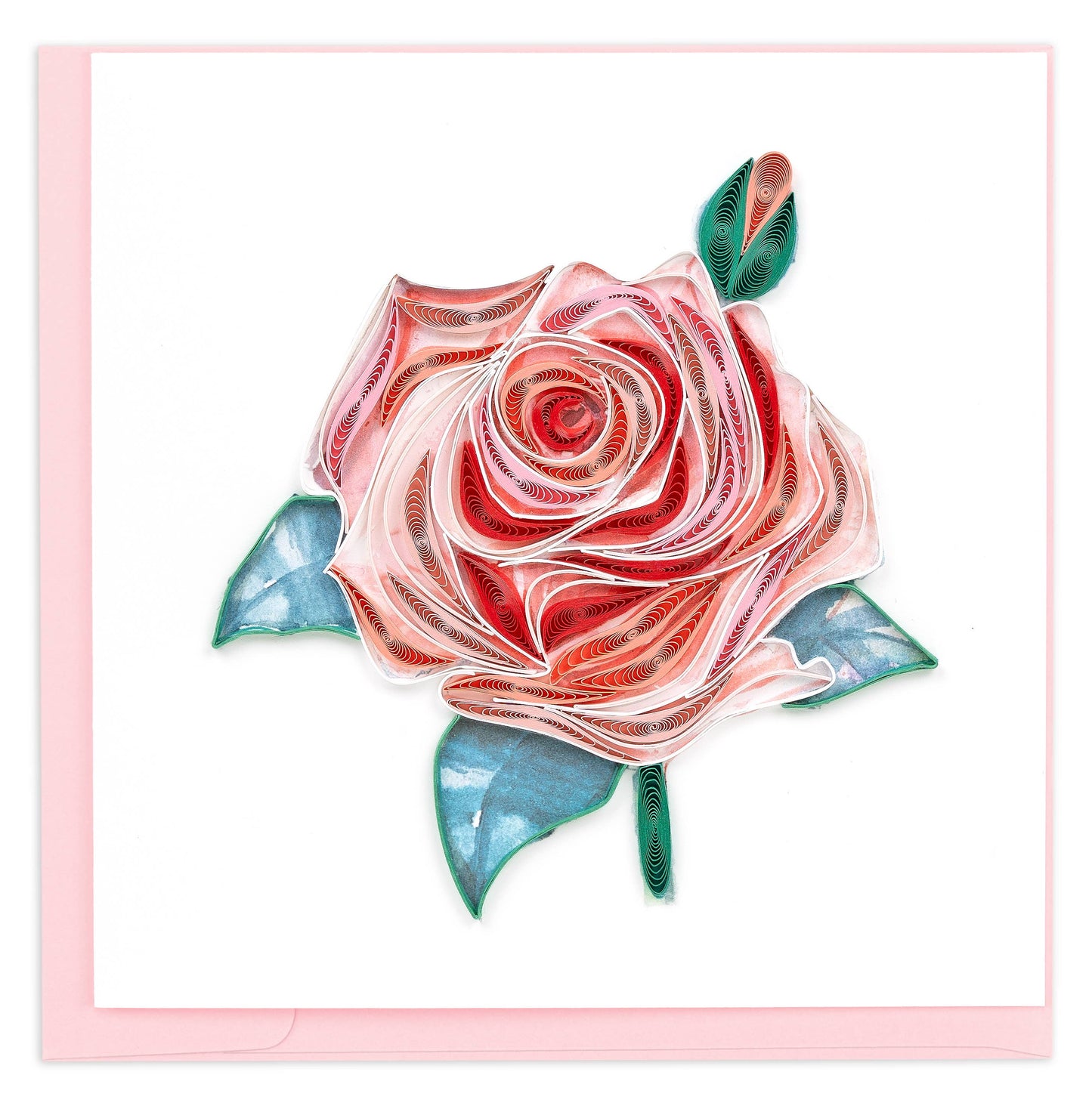 A large rose in several shades of pink surrounded by three green leaves and a rose bud. 