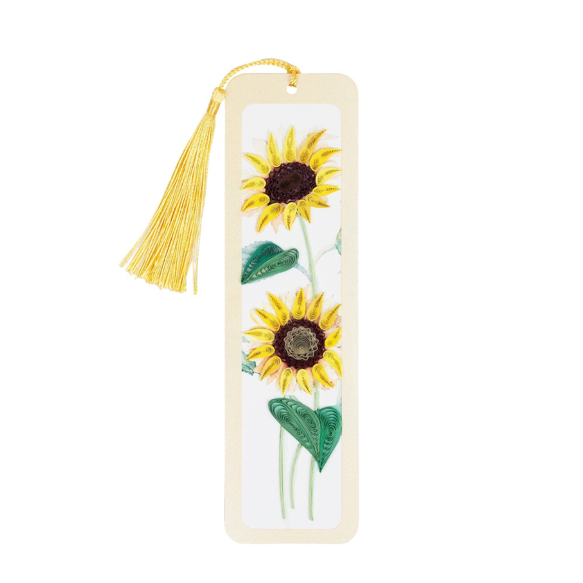 Two yellow sunflowers with green leaves decorate a pale yellow bookmark with a yellow tassel.