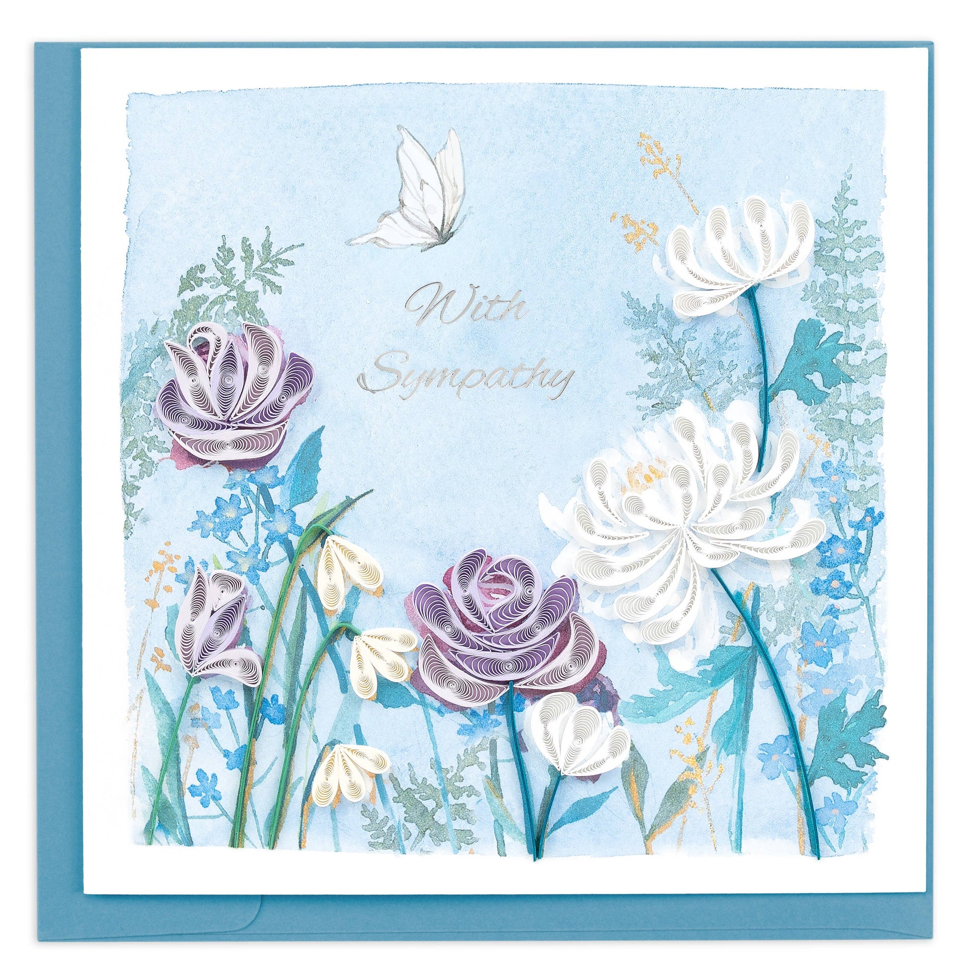 Quilled white and purple flowers on a light blue background with the printed message "With Sympathy".
