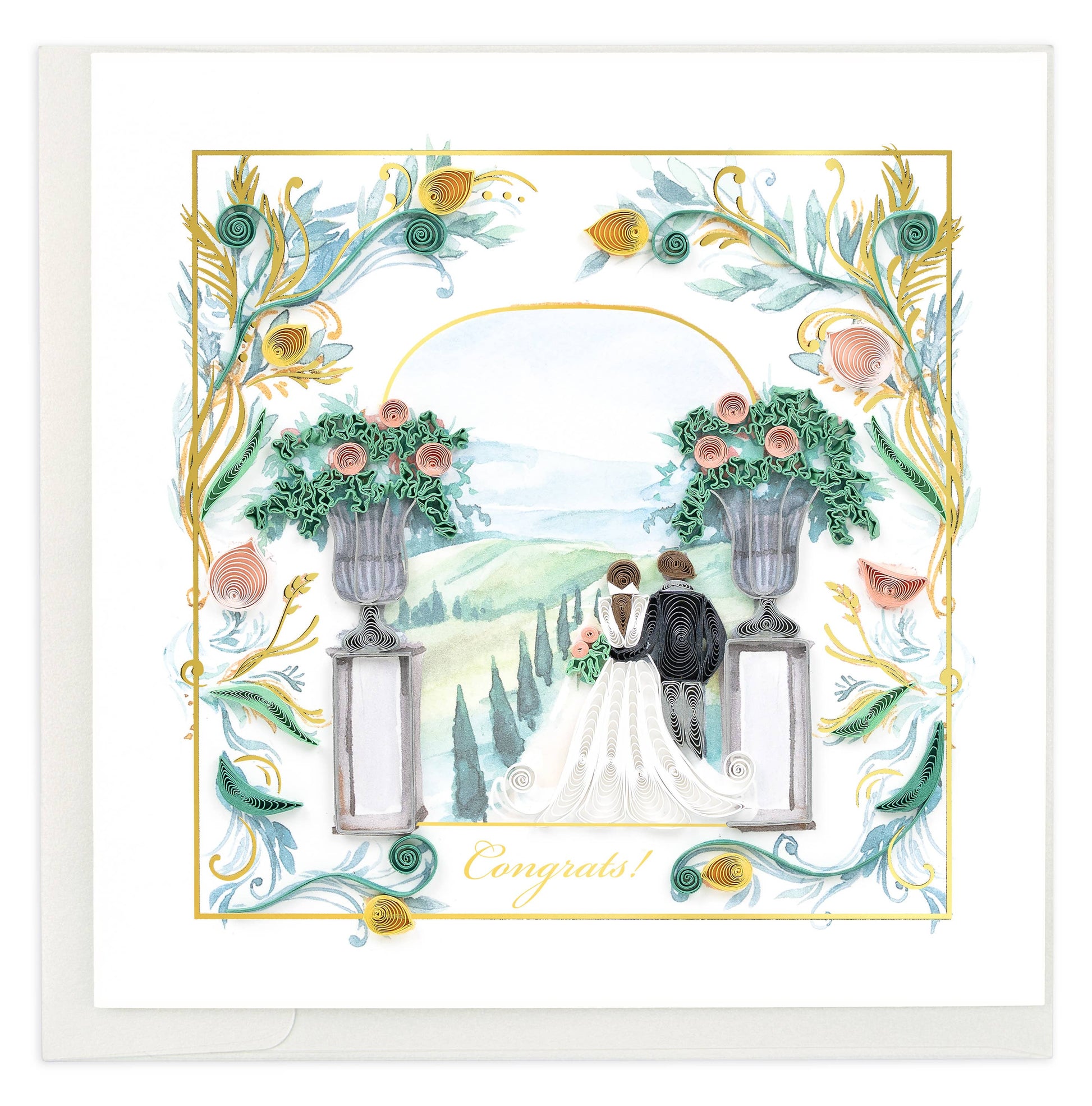 A bride and groom are set in the Italian countryside and shown surrounded by green, pink, and gold details.
