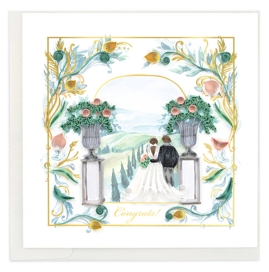 A bride and groom are set in the Italian countryside and shown surrounded by green, pink, and gold details.