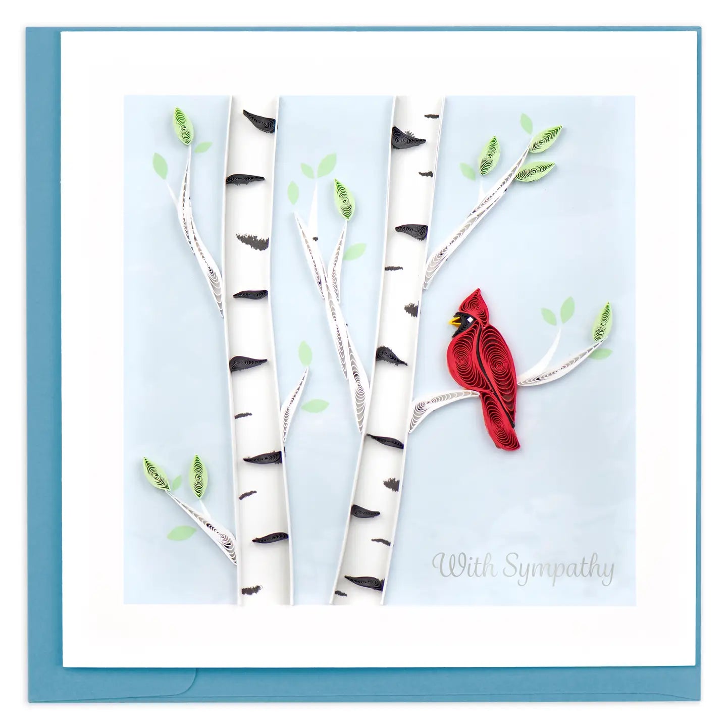 Card with red cardinal bird on a branch against a light blue background
