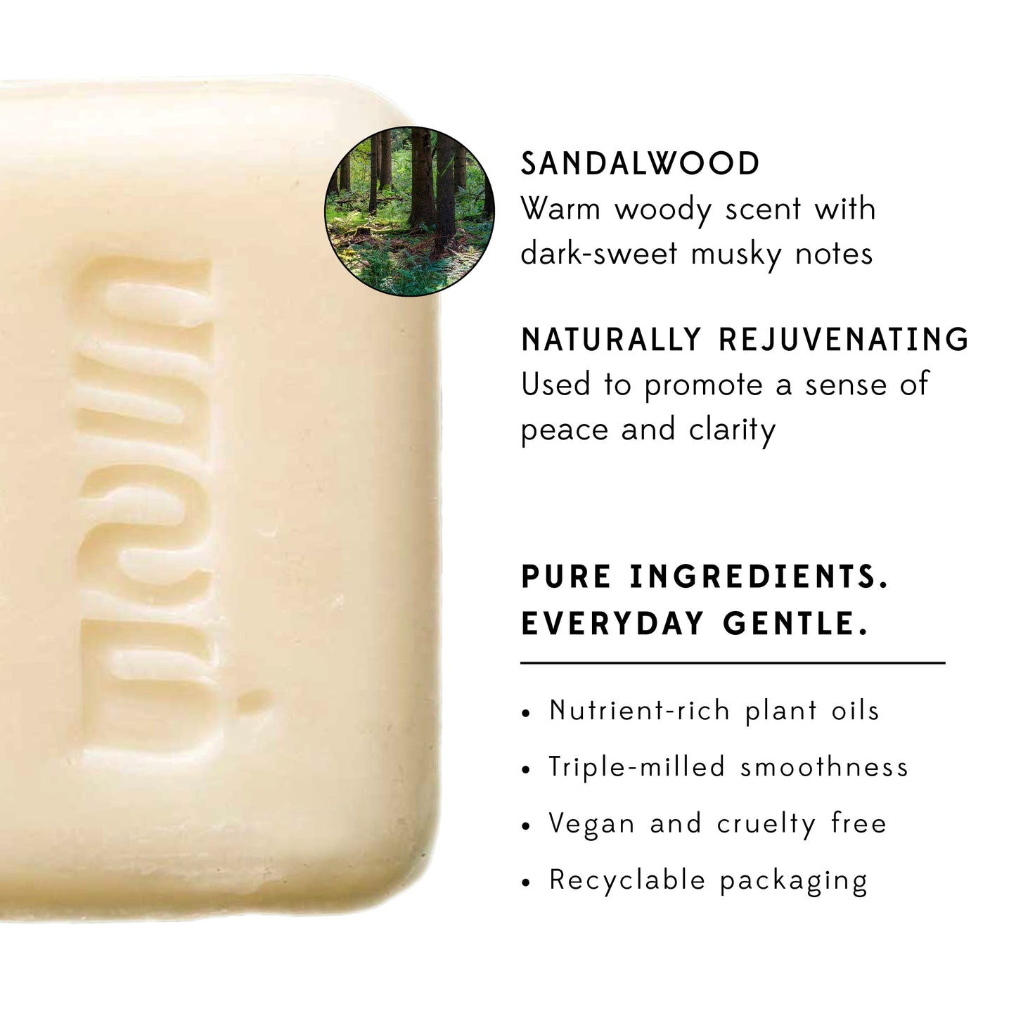 A bar of white soap is on a white background that talks about the benefits of the soap and sandalwood.
