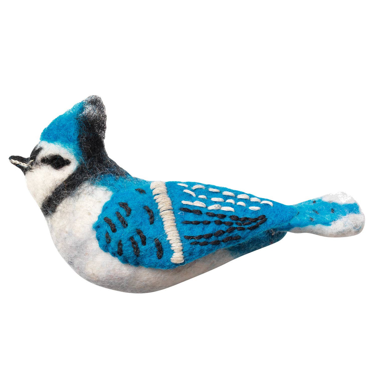 Felted blue jay bird toy on a white background