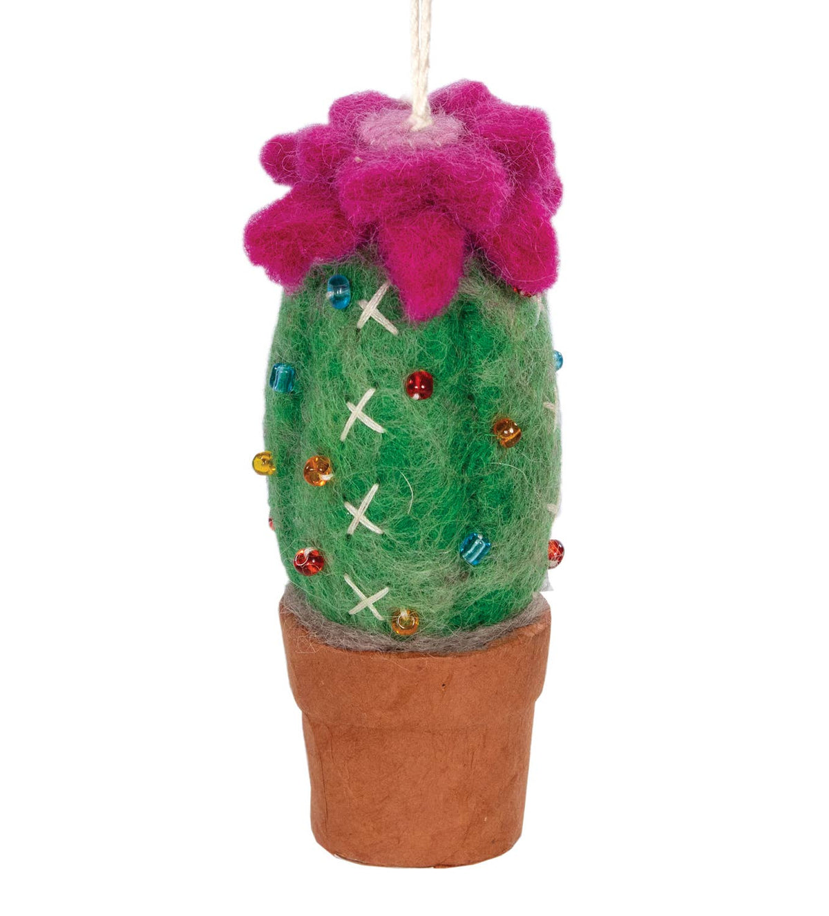 A felt cactus ornament with a bright green body, a magenta felt flower on top, small multicolored bead accents, and a brown pot, shown on a plain white background.