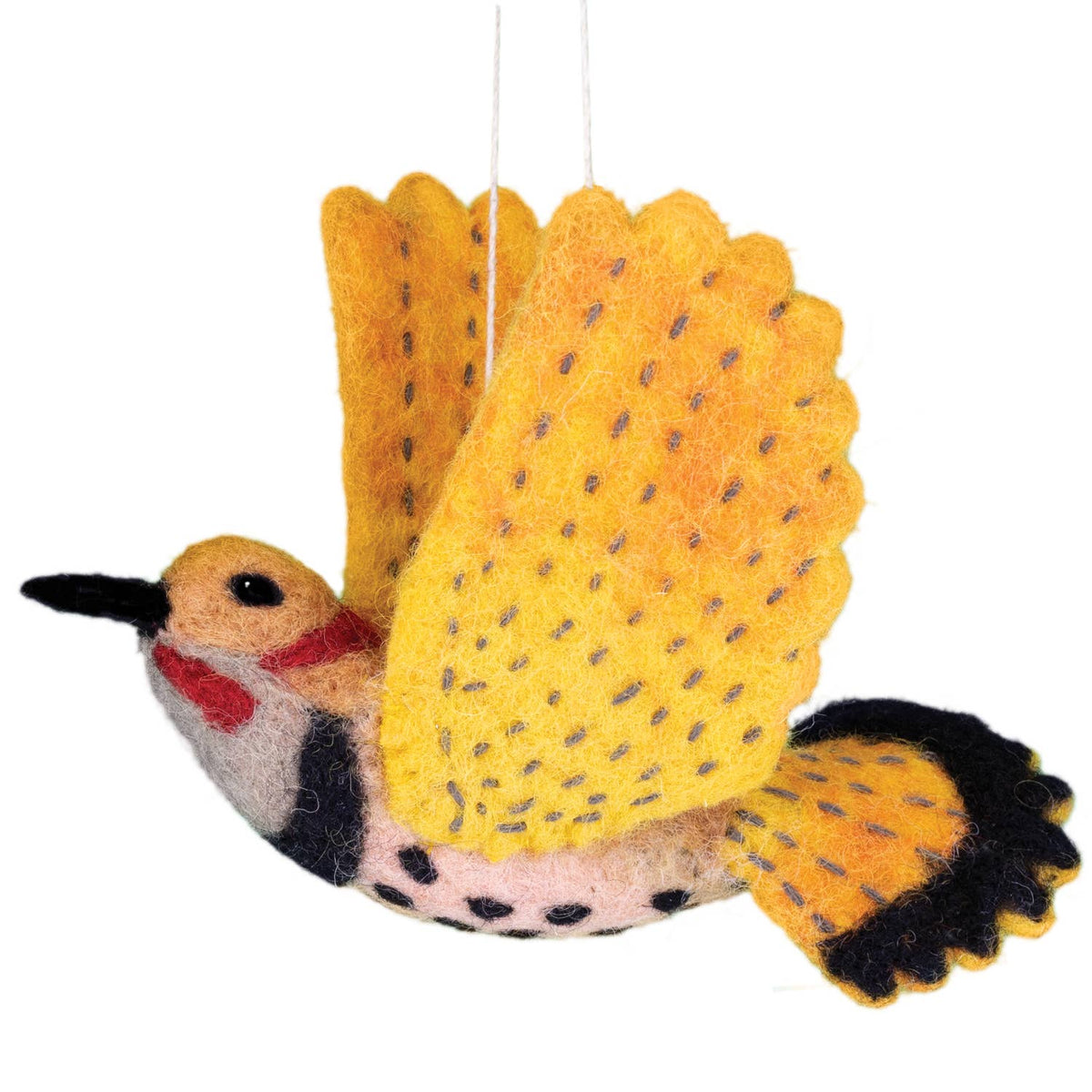 Felted bird ornament with yellow wings and red breast on a white background