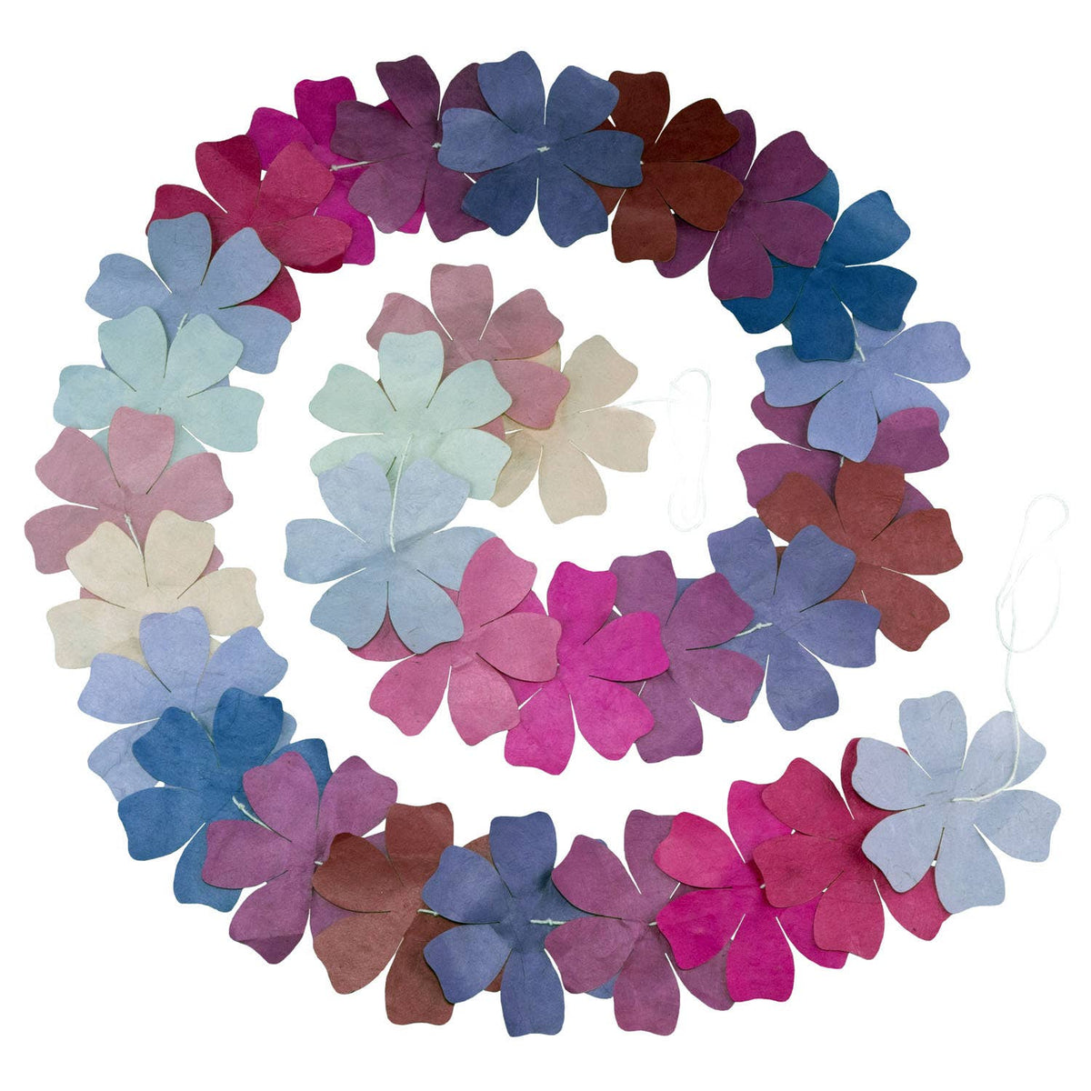 Floral garland with pink, blue, and purple flowers on a white background