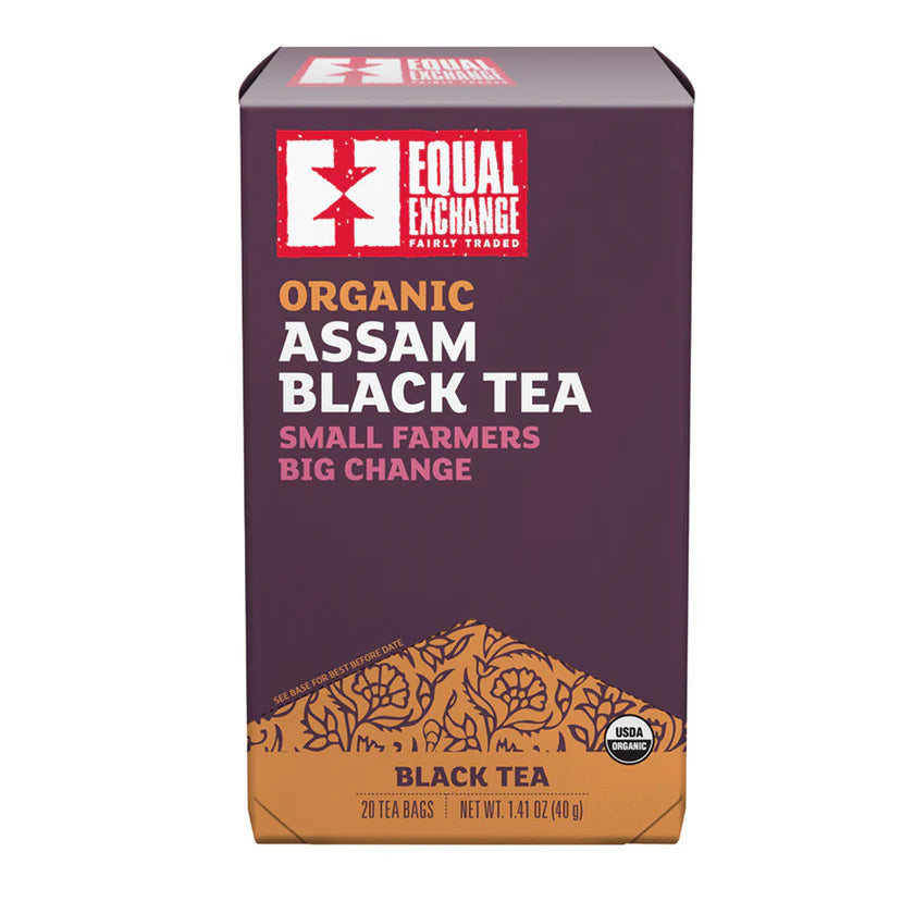 Box of Equal Exchange Organic Assam Black Tea on a white background