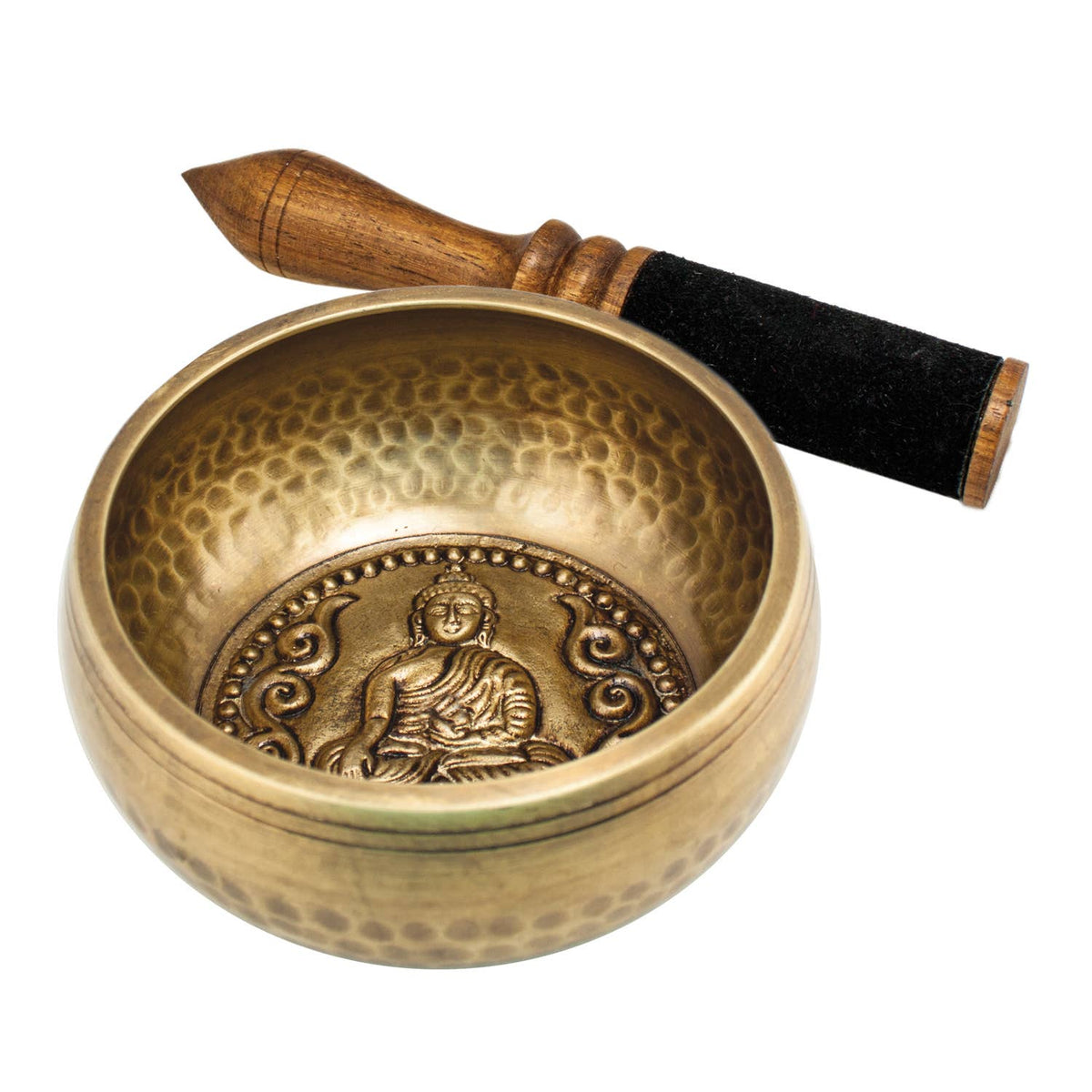 Bronze singing bowl with Buddha emblem and wooden handle on a white background