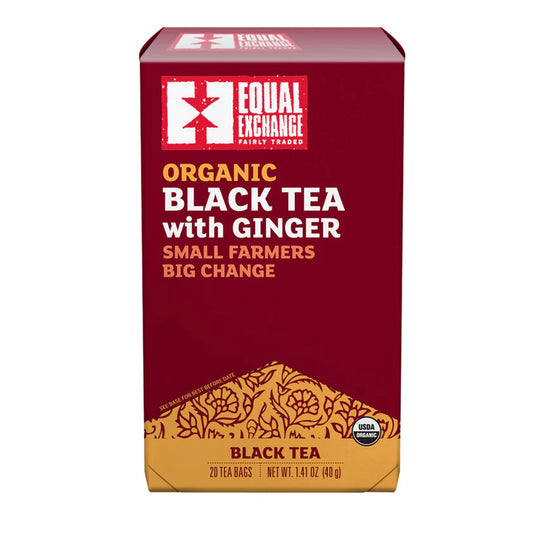 Box of Equal Exchange organic black tea with ginger on a white background