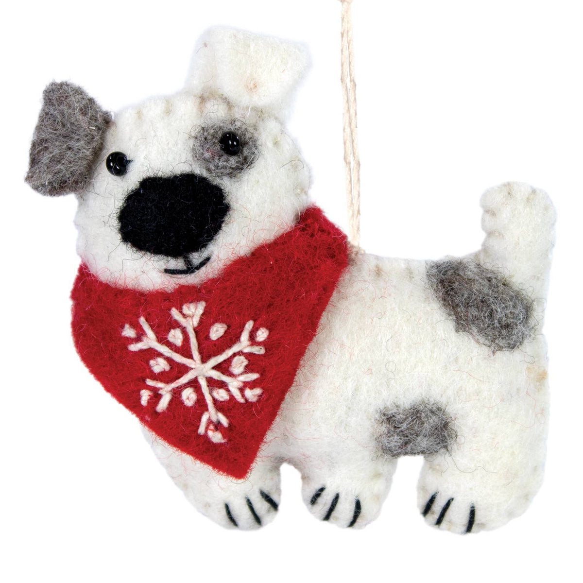 Dog-shaped ornament with a red scarf featuring a snowflake design on a white background